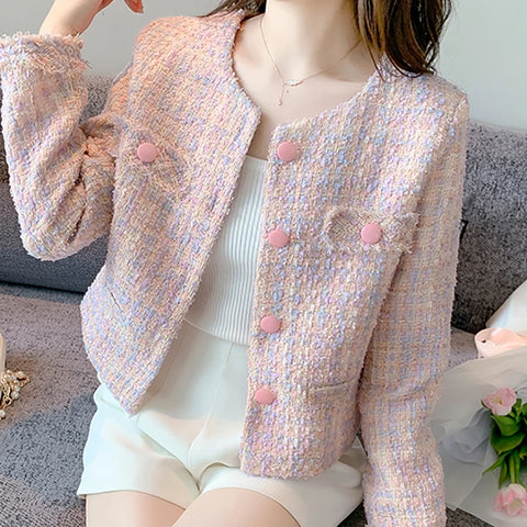 Sonicelife Autumn Winter Women Elegant Jacket Pink Tweed Buttons Up Cardigan Coat Female Long Sleeve Tassel Office Outerwear