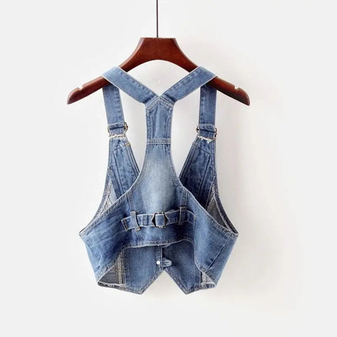 Sonicelife 2025 Summer Vintage Sling Denim Vest Women Waistcoat Casual Cowboy Sleeveless Jacket Korean Slim Short Jeans Vests Coat