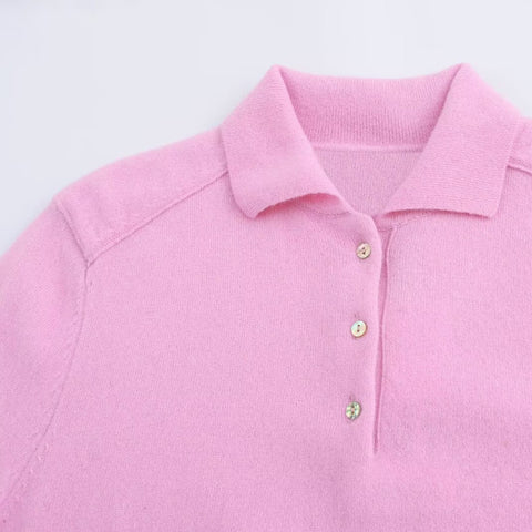 Sonicelife Women's Short Sleeve Sweater Pink Knit Top Polo Collar Basic Commuter Temperament Casual Pullover New Pink