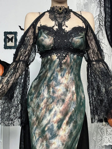 Sonicelife Vintage Gothic Lace Smock Women Sexy Streetwear Aesthetic Dark Punk Y2k Alt See Through Flare Sleeve Crop Blouse Female