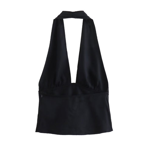 Sonicelife Women's Hanging Neck Top with Deep V-neck Open Back Design Versatile Style Sleeveless T-Shirt Sexy Fashion New