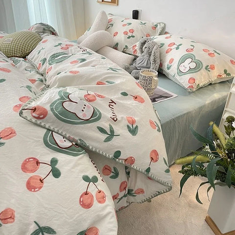 Sonicelife Bedding Set  Girls Cherry  Soft Washed Cotton Bed Sheet Queen King Size Duvet Set  Comforter Set Pillowcase Bed Linens