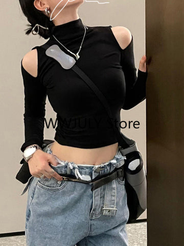 Sonicelife Y2K Vintage Solid Turtleneck T Shirts Women Gothic Sexy Slim Crop Tops Elegant Hollow Out Long Sleeve Bottoming Tees 2025 Autumn