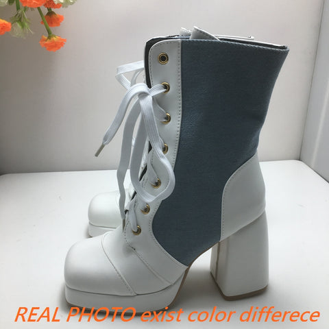 thanksgiving outfit Sonicelife Mixed Color Women Ankle Boots Toe Chunky Heels Platform Hill Lace Up Splice Size 46 47 Fashion Bota