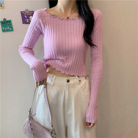 Black Friday Sonicelife Autumn Slim Knitted Crop Sweaters Women Fashion Solid Long Sleeve Square Collar Pullovers Korean All Match Chic Casual Sweaters