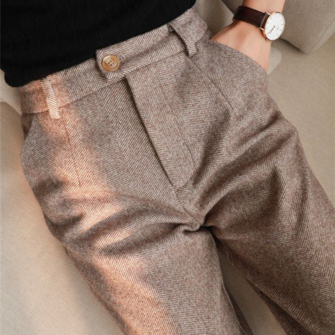 Sonicelife Woolen Pants Women Harem Pencil Pants Spring High Waist Pockets Suit Pants Office Lady Striped Zipper Trousers