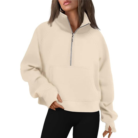 Black Friday Sonicelife Casual Half Zipper Plush Hoodies Women Loose Solid Lapel Pockets Sweat Shirt Female Autumn Chic Warm Sports Yoga Outwear