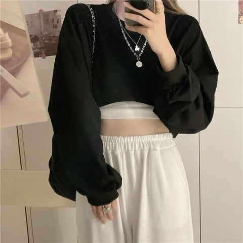 Sonicelife Streetwear Women Sexy Solid Cropped Sweatshirts Oversize Loose Harajuku BF Pullovers Spring Korean Chic Casual Y2k Tops