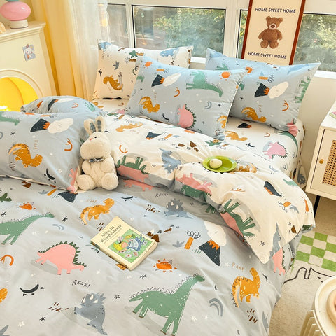 Sonicelife Kawaii Kids Bedding Set Soft Cotton Flat Fitted Sheet Duvet Cover Pillowcases Single Queen Cartoon Boy Girls Dormitory Bed Linen