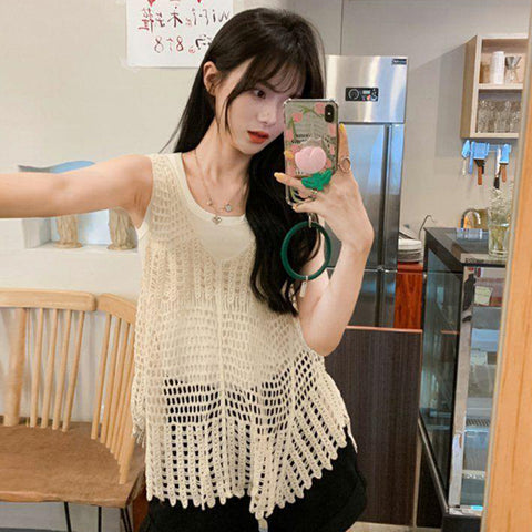 Sonicelife Summer Hollow Out Sleeveless Tanks Women Korean Fashion Chic Camisole Harajuku Casual Loose Knitted Vest Tops New