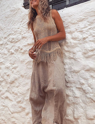 Sonicelife-Thar Desert Sleeveless Tassel Knit Top