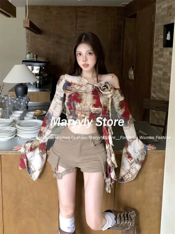 Sonicelife Autumn Vintage Aesthetic Outfits 2 Piece Set Women American Retro Design Y2k Print Tops + Hot Girls High Waist Shorts 2025 New