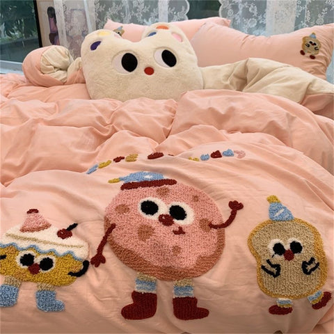 Sonicelife Korean Ins Dopamine Rainbow Embroidered Washed Cotton Bedding set Duvet Cover Home Luxury No Filling Bedding Set Bed Sheets
