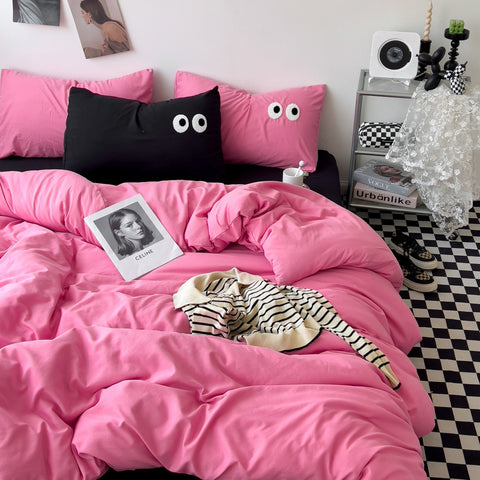 Sonicelife Ins Style Big Eyes Duvet Cover No Filling Double Mix Color Flat Sheet Pillowcases Washed Cotton Embroidery Queen Bedding Set