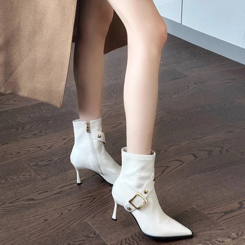 Sonicelife 2025 Autumn Winter Pointed Toe Women Ankle Boot Fashion Belt Buckle Thick High Heels Shoes  Modern Short Booties