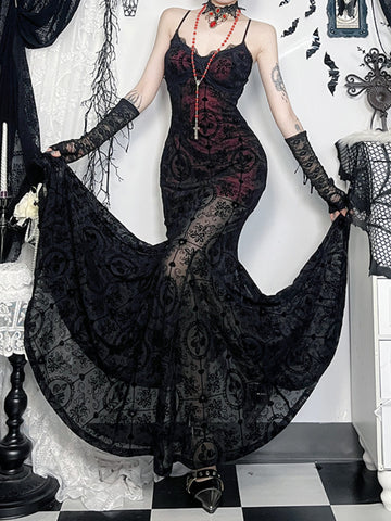 Sonicelife Vintage Dark Gothic Dress Women Sexy Streetwear Elegant Aesthetic Y2k Emo Spaghetti Strap Cross Flocking Dress Clubwear