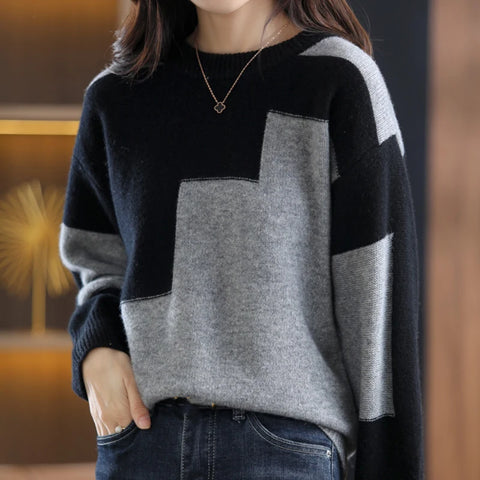 Sonicelife O-Neck Casual Loose Sweater Women Autumn Winter Women Patchwork Knit Warm Sweater Cashmere Long Sleeve Thermal Pullovers