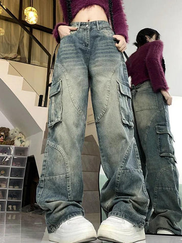 Sonicelife-Street Multi Pocket Splice Cargo Jeans