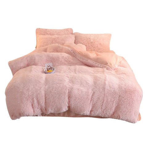 Sonicelife Luxury Winter Warm Long Plush Pink Bedding Set Queen Mink Velvet Double Duvet Cover Set with Fitted Sheet Warmth Quilt Covers