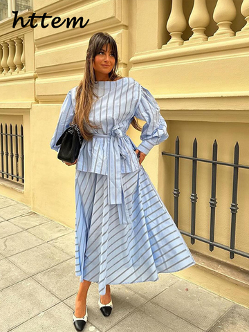 Sonicelife Elegant Stripe Print Skirt Set Women Fashion Belt Lantern Sleeve Shirt Pleated Long Skirts 2024 Spring Summer Casual Lady Outfit