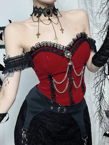 Sonicelife Christmas Dark Goth Red Vest Women Vintage Streetwear Y2k E-girl Cyber Punk Lace Chain Patchwork Crop Tank Tops Clubwear