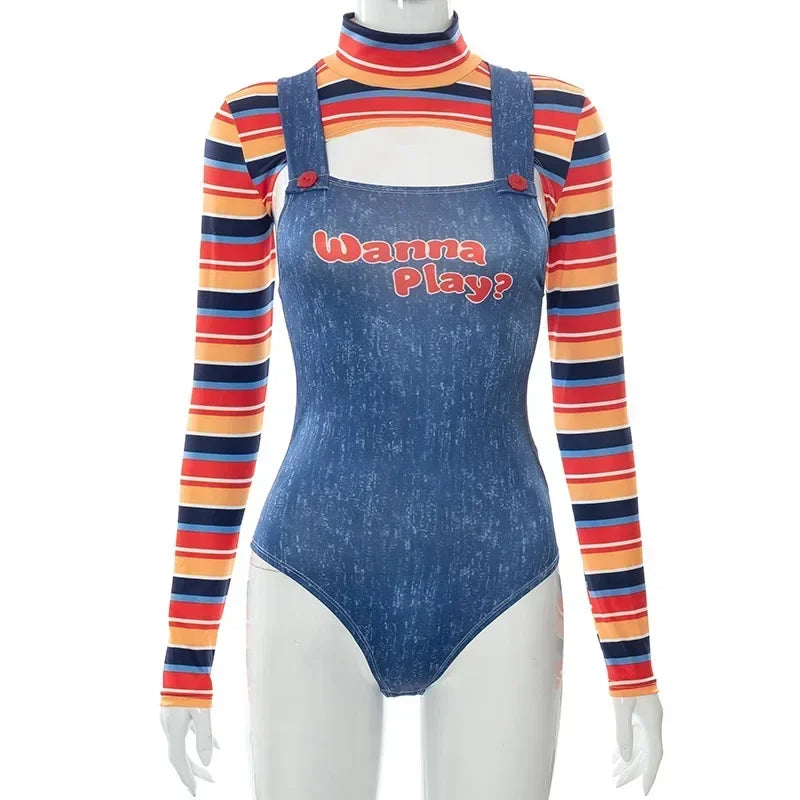 Sonicelife Women Wanna Play Letter Print Overalls Imitation Denim Jumpsuits Romper Striped Long Sleeve Crop Shirt Halloween Cosplay Outfits