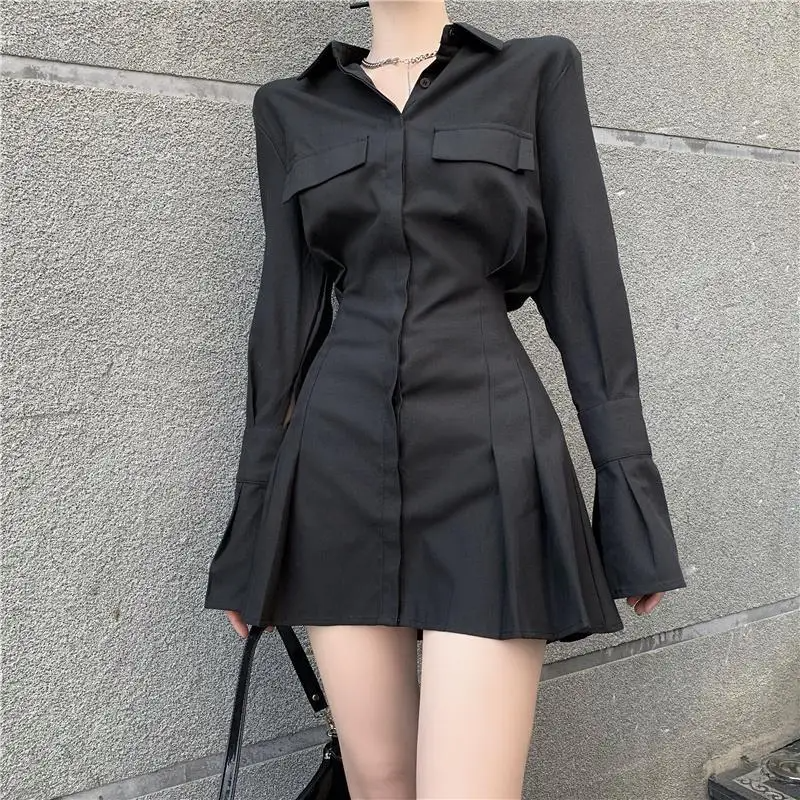 Sonicelife Black Shirt Dress Women Elegant Vintage Long Sleeve Pleated Dress Sexy Gothic Y2k Turn Down Collar Casual Mini Vestidos