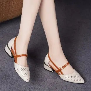 Sonicelife 2025  Leather Soft  Sandals Women Summer Fashion Bag With Pointed Tip Lace Up Heels Thick And Low-Heel Hollow Work Shoes