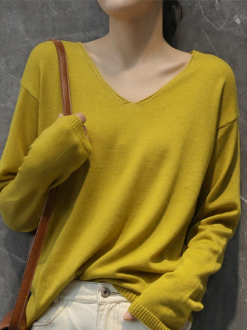 christmas outfit Sonicelife Simple Solid Color V-Neck Long Sleeve Knitwear Tops