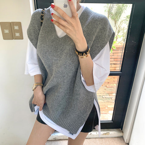 Sonicelife Streetwear Retro Sweater Vest Women Loose Korean V Neck Slit Harajuku Grey Knitted Vest Fall Vintage Casual All Match Tops