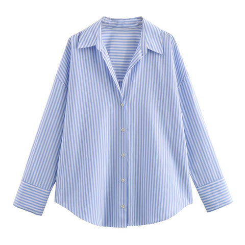 Sonicelife Women's Cotton Long Sleeved Shirt Single Breasted Solid Stripe Casual Oxford New