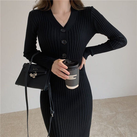 Black Friday Sonicelife Knit Dress Women Elegant Korean Autumn Winter Long Sleeve V-Neck Button Slim Skirt Fashion Stretch Sweater Office Lady Dress