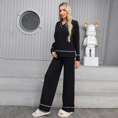 Sonicelife Stripes V-neck Long Sleeve Top and Elastic High Waist Wide Leg Pants  Two-piece Women Office Loose Knit Outfi Set Office