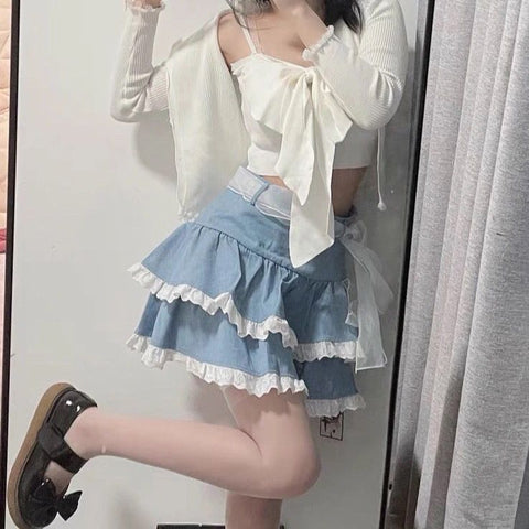 Sonicelife Kawaii Lace Skirt Cute Hot Girl Clothing Summer Cake skirt Casual Loose Korea Blue 2000s Sweet Women Skirts Low-waist Y2k Skirts