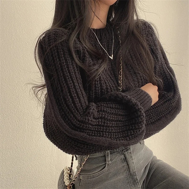 Sonicelife Loose Vintage Harajuku Lantern Long Sleeve Women Sweater Korean Autumn Winter Knitwear Soft Warm Tops Chic Solid Femme Jumpers