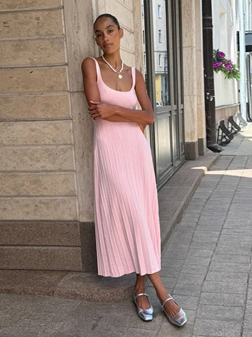 Sonicelife Women Knit Tank Dress Casual Suspender Sleeveless U-Neck Party Long Dresses 2025 Summer Sexy Beach Club Midi Robes Streetwear