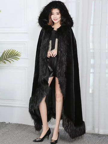 christmas outfit Sonicelife Winter Elegant Luxury Extra Long Oversized Thick Warm Black Faux Fur Cloak Poncho Coat Women with Fake Fox Fur Trim