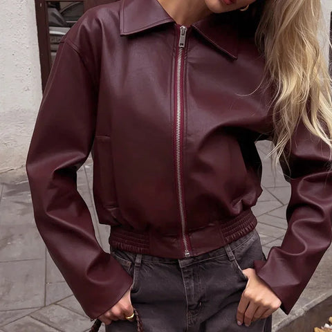 Sonicelife Women Angola Red PU Leather Zipper Jacket Coat Windbreaker WineRed Faux Leather Lapel Jacket Outerwear Motorcycle Y2K 90s Street