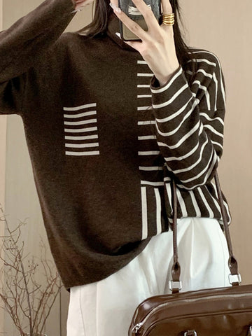 christmas outfit Sonicelife Long Sleeves Loose Contrast Color Striped High Neck Pullovers Sweater Tops