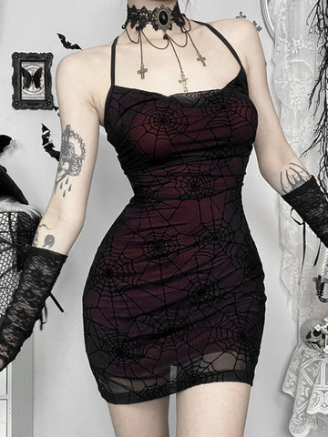 Sonicelife Halloween Dark Gothic Bodycon Dress Women Sexy Streetwear Harajuku Y2k E-girl Spiderweb Spaghetti Strap Mini Dress Femme