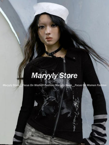 Sonicelife Gothic Harajuku Print Zipper Cardigan T-shirt Women Vintage Slim Grunge Fashion Patchwork Top Women Y2k Aesthetic Streetwear Tee