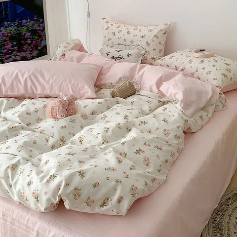 Sonicelife Pink Floral Bedding Set Soft Ins Single Double Queen Size Duvet Cover Flat Sheet Pillowcase Girls Home Totel Bed Linens