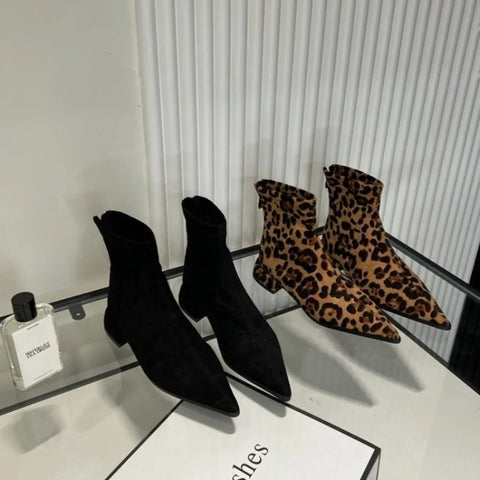 Sonicelife 2025 Zippers Fashion Pointed Toe Women Ankle Boots With Low Heel Shoes Female Leopard Print Footwear Ladies Stretch Modern Boots