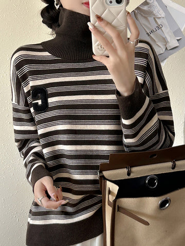 christmas outfit Sonicelife Long Sleeves Loose Contrast Color Split-Joint Striped High Neck Pullovers Sweater Tops