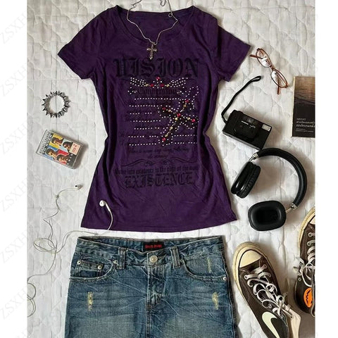 Sonicelife Punk Women's T Shirt Gothic Summer Hip Hop Short sleeve Graphic Tee Femme Grunge Vintage Clothes 90s Aesthetic Crop Top Y2k Tops