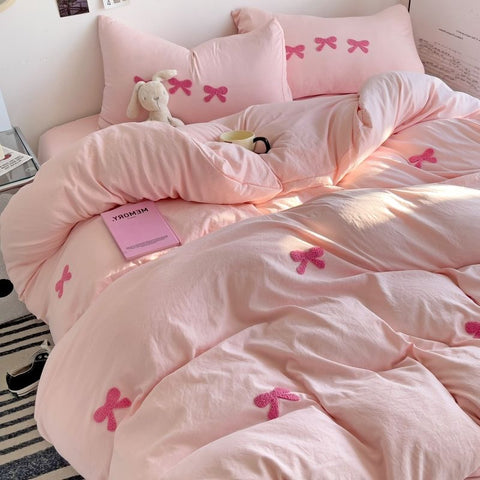 Sonicelife Ins Pink Bedding Set with Bow Embroidery Korean Soft Duvet Cover Flat Sheet Pillowcases Girls Gift Fashion Comforter Cover Set