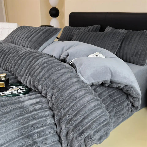 Sonicelife Winter Thickened Plush Warm Duvet Cover Set Solid Color Luxury High Quality Quilt Cover Sheet Pillowcase 4pcs Queen Bedding Set