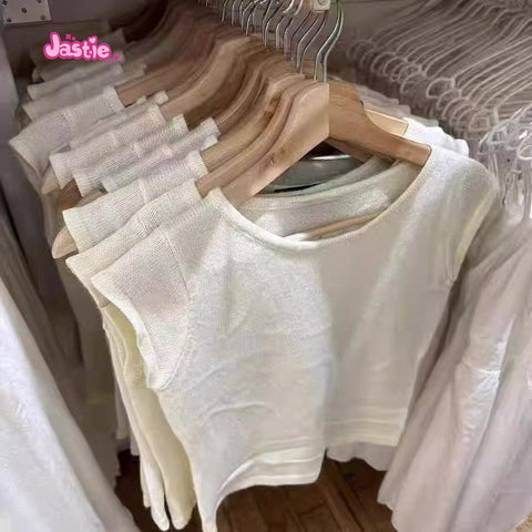 Sonicelife New Autumn College Style Knitted Vest Short Sleeve Sweet Knitting T-shirt Round Neck Soid Color Simple Y2K Tank Top Korean