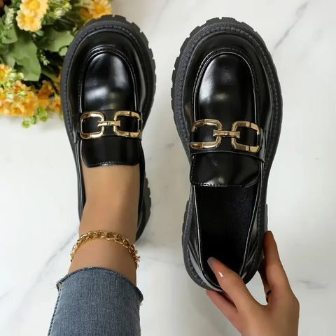 Sonicelife 2025  Female Shoes Women Fashion Mary Janes Round Toe Flats Loafers Oxfords Platform Casual Metal Chain Buckle  Heels Black