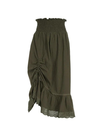 Sonicelife-Smocked Ruched Asymmetric Hem High Waist Maxi Skirt
